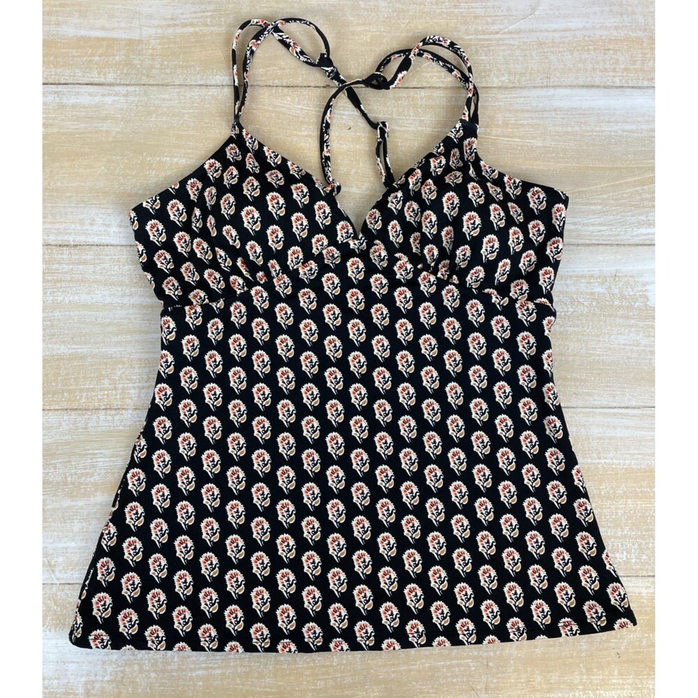 Garnet Hill Sz 12 Black Orange & White Floral Criss Cross Back Tankini Swim Top